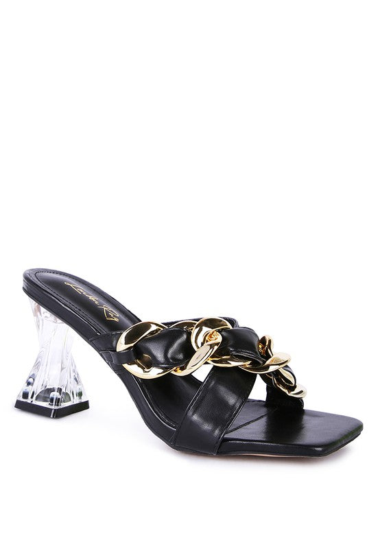 WANDY CLEAR HEEL CHAIN DETAIL SANDALS - Faylinn & Co