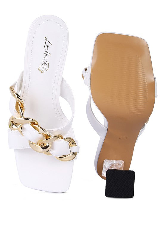 WANDY CLEAR HEEL CHAIN DETAIL SANDALS - Faylinn & Co