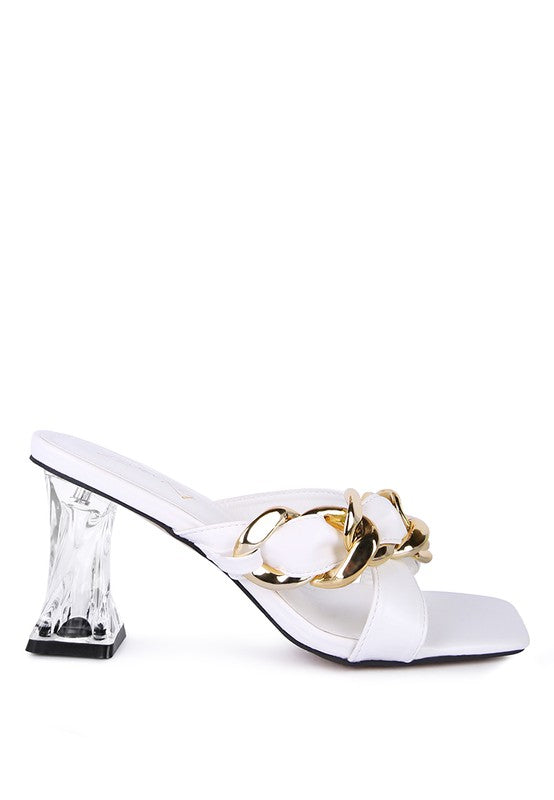 WANDY CLEAR HEEL CHAIN DETAIL SANDALS - Faylinn & Co
