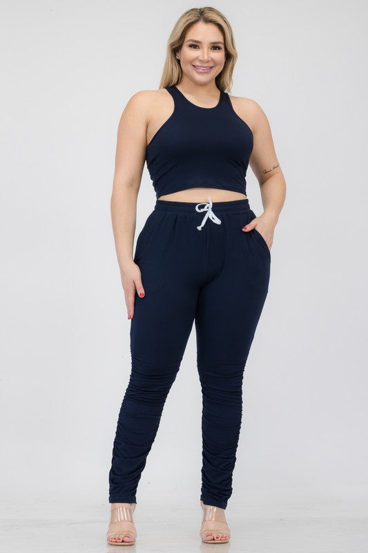 Plus Size Crop Tank Top & Ruched Pants Set - Faylinn & Co