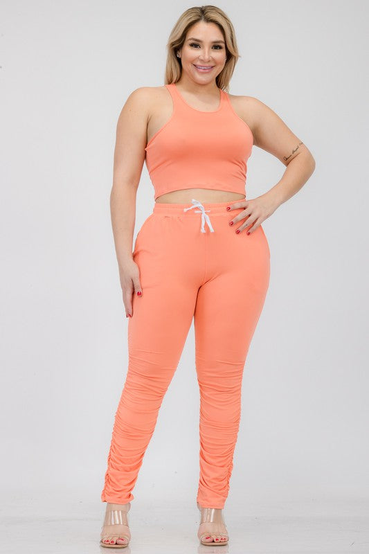 Plus Size Crop Tank Top & Ruched Pants Set - Faylinn & Co