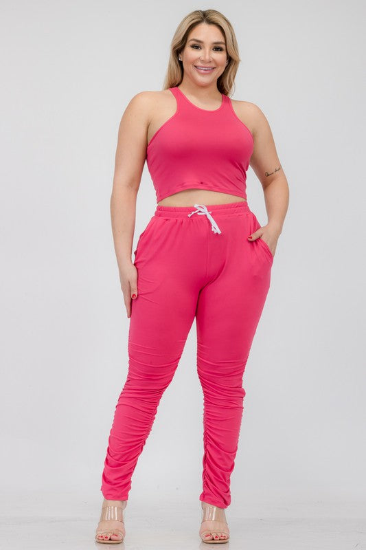 Plus Size Crop Tank Top & Ruched Pants Set - Faylinn & Co