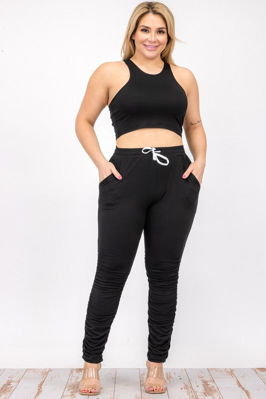 Plus Size Crop Tank Top & Ruched Pants Set - Faylinn & Co