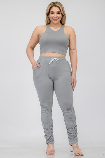 Plus Size Crop Tank Top & Ruched Pants Set - Faylinn & Co