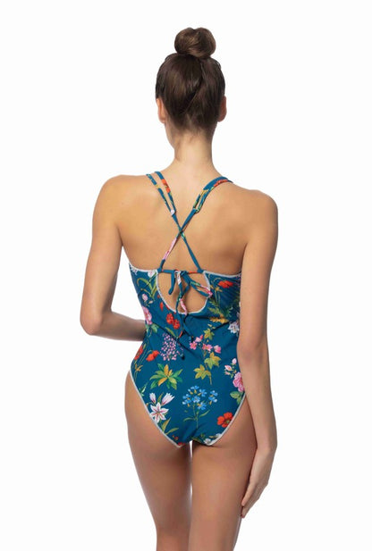 BLUE FLORAL ONE PIECE SWIMSUIT W/STITCHING DETAILS - Faylinn & Co