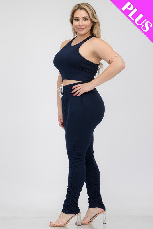 Plus Size Crop Tank Top & Ruched Pants Set - Faylinn & Co