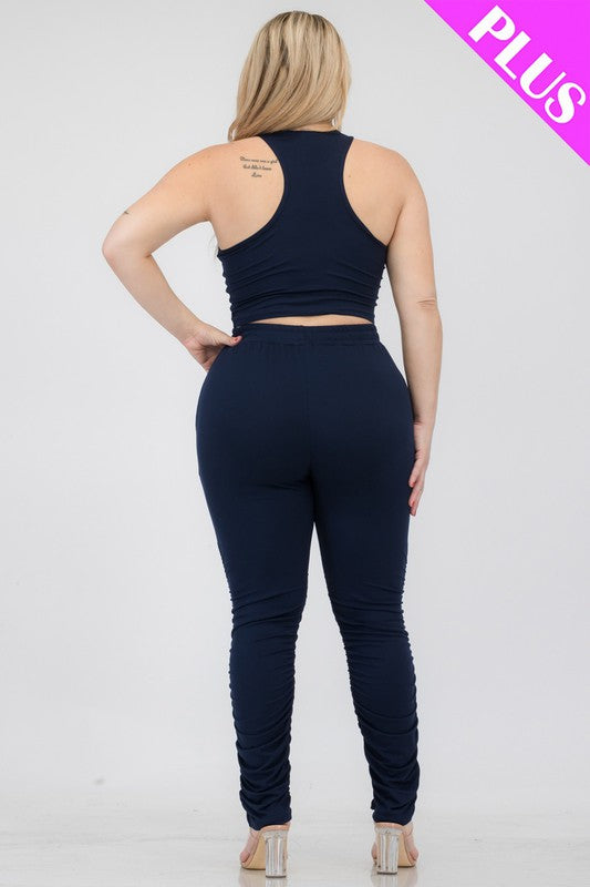 Plus Size Crop Tank Top & Ruched Pants Set - Faylinn & Co