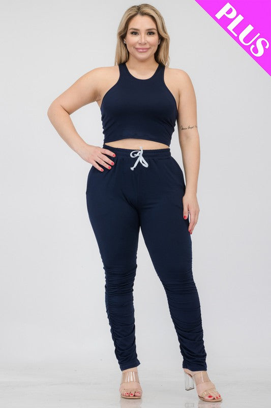 Plus Size Crop Tank Top & Ruched Pants Set - Faylinn & Co