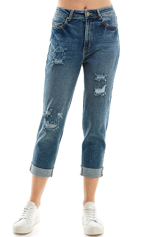 ROOL-UP DISTRESSED HIGH RISE STRETCH MOM JEANS - Faylinn & Co