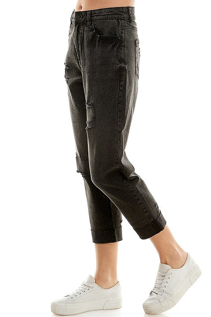 ROOL-UP DISTRESSED HIGH RISE STRETCH MOM JEANS - Faylinn & Co