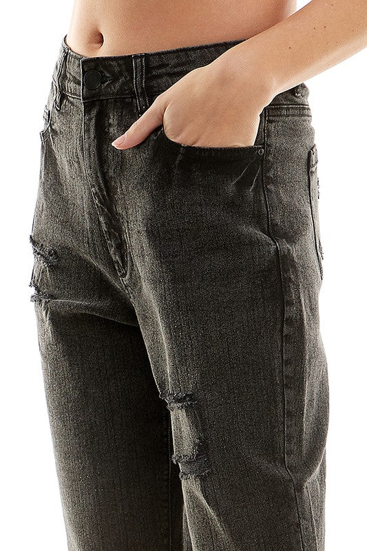 ROOL-UP DISTRESSED HIGH RISE STRETCH MOM JEANS - Faylinn & Co