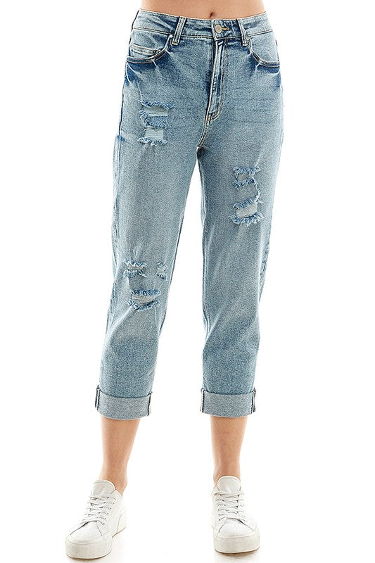 ROOL-UP DISTRESSED HIGH RISE STRETCH MOM JEANS - Faylinn & Co