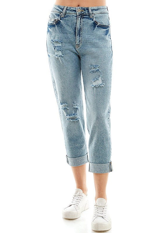 ROOL-UP DISTRESSED HIGH RISE STRETCH MOM JEANS - Faylinn & Co