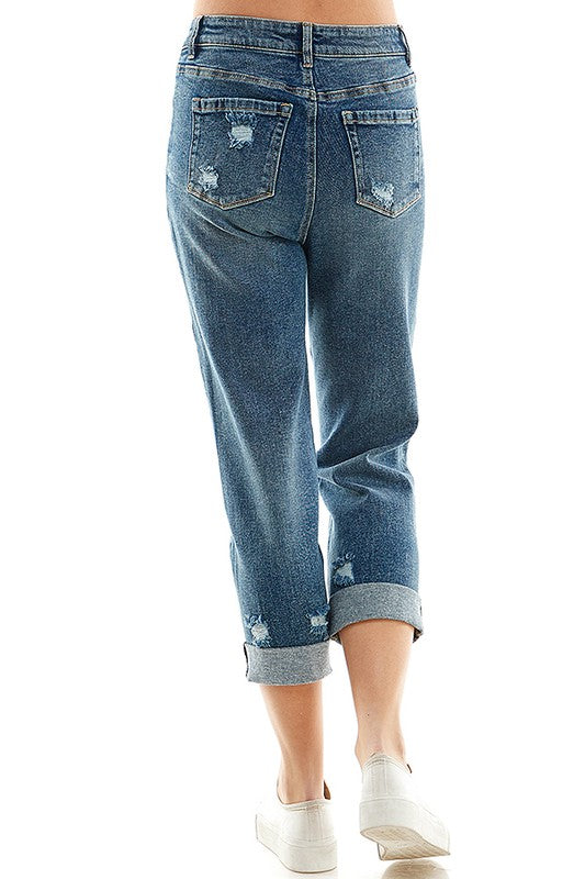 ROOL-UP DISTRESSED HIGH RISE STRETCH MOM JEANS - Faylinn & Co