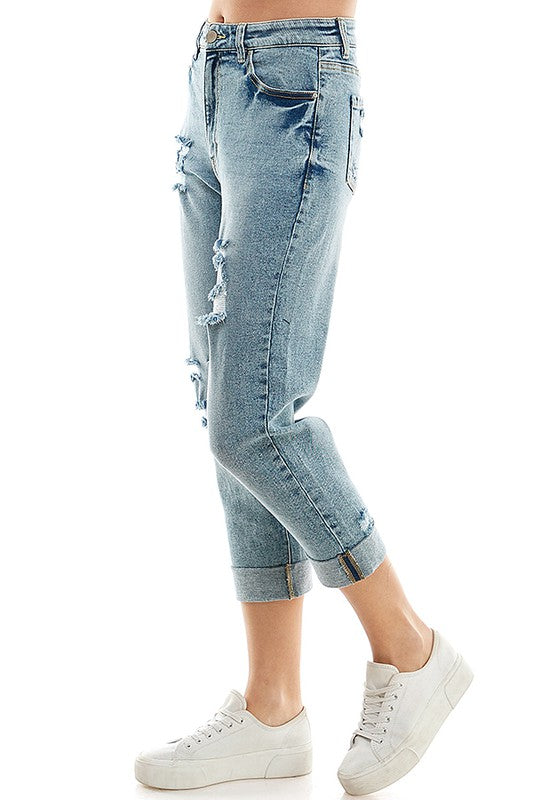 ROOL-UP DISTRESSED HIGH RISE STRETCH MOM JEANS - Faylinn & Co