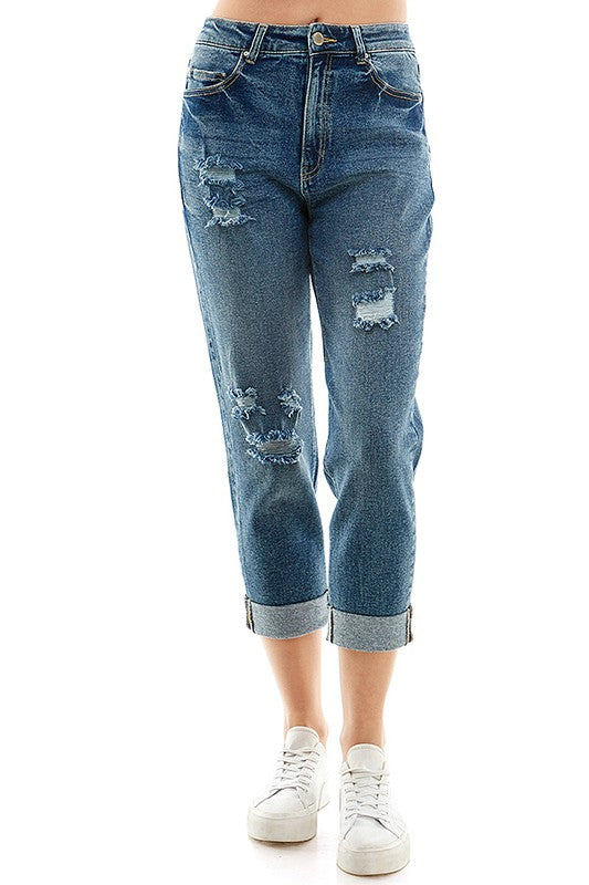 ROOL-UP DISTRESSED HIGH RISE STRETCH MOM JEANS - Faylinn & Co