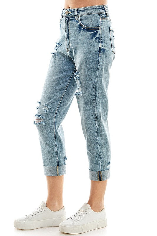 ROOL-UP DISTRESSED HIGH RISE STRETCH MOM JEANS - Faylinn & Co