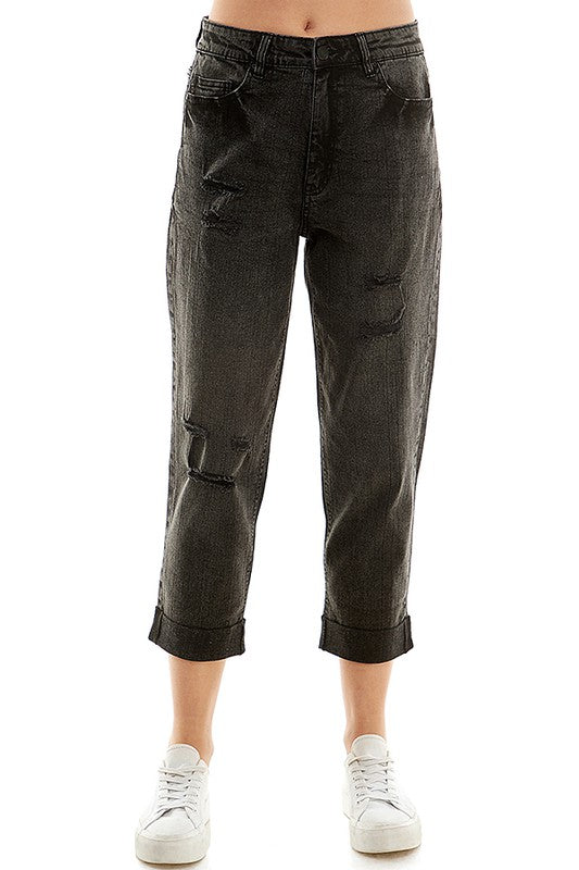 ROOL-UP DISTRESSED HIGH RISE STRETCH MOM JEANS - Faylinn & Co