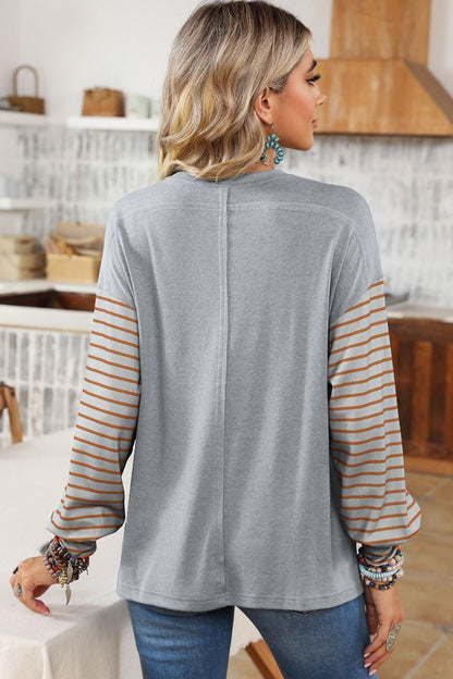 Colorblock Striped Bishop Sleeve Side Slits Top - Faylinn & Co