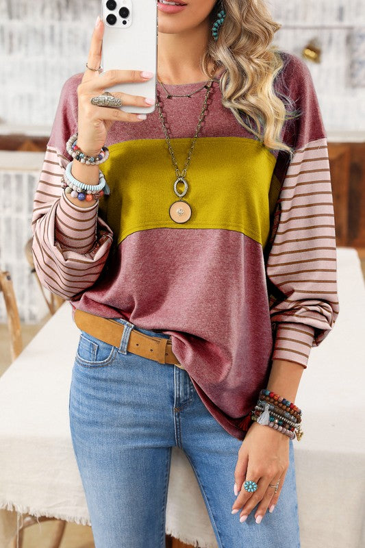 Colorblock Striped Bishop Sleeve Side Slits Top - Faylinn & Co