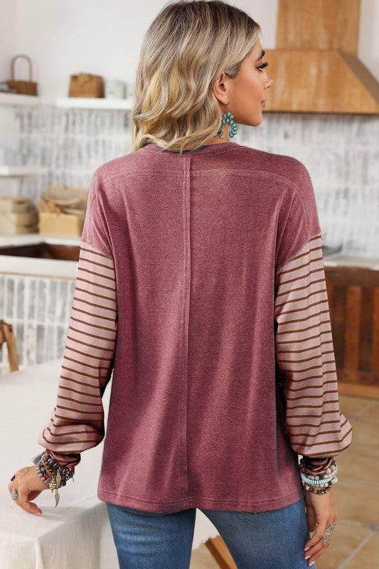 Colorblock Striped Bishop Sleeve Side Slits Top - Faylinn & Co