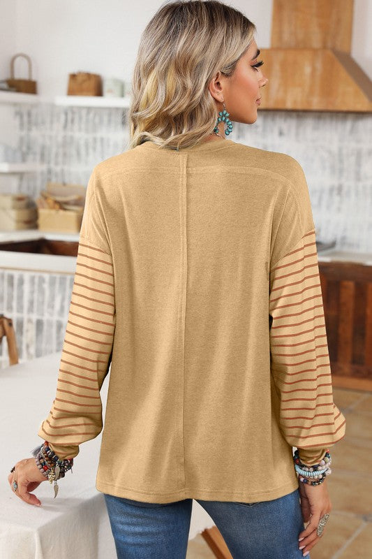 Colorblock Striped Bishop Sleeve Side Slits Top - Faylinn & Co