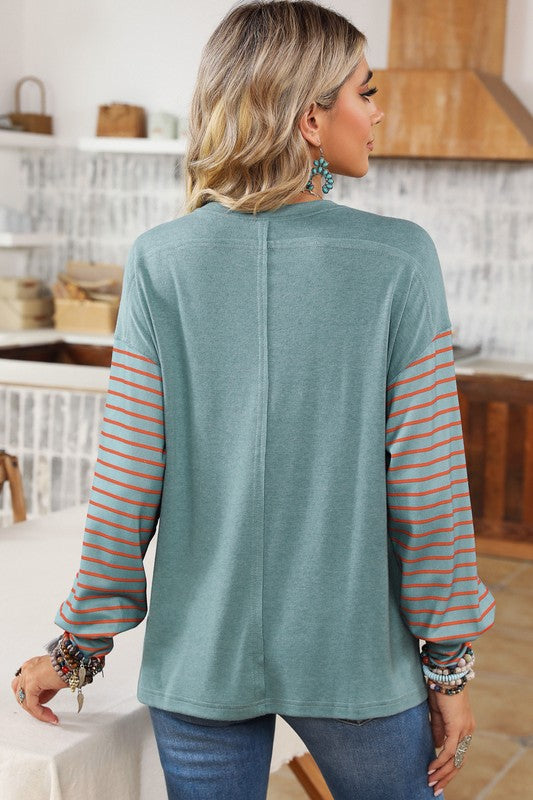 Colorblock Striped Bishop Sleeve Side Slits Top - Faylinn & Co
