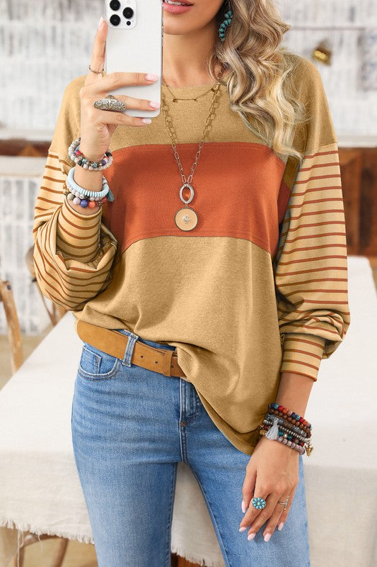 Colorblock Striped Bishop Sleeve Side Slits Top - Faylinn & Co