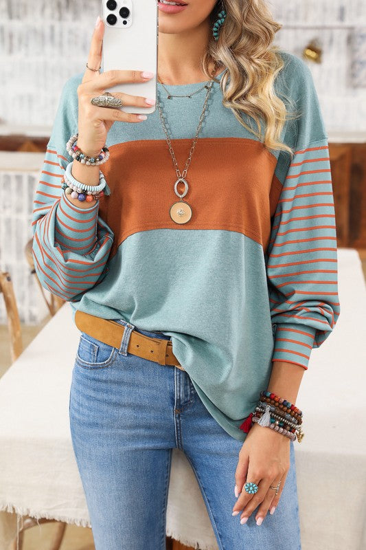 Colorblock Striped Bishop Sleeve Side Slits Top - Faylinn & Co