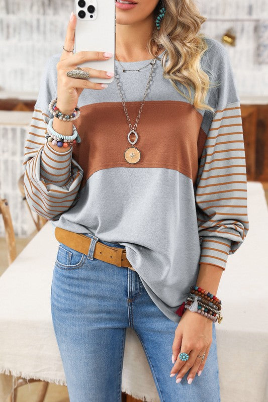 Colorblock Striped Bishop Sleeve Side Slits Top - Faylinn & Co
