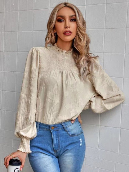 Floral Pattern Smoked Blouse Lantern Sleeve Top - Faylinn & Co