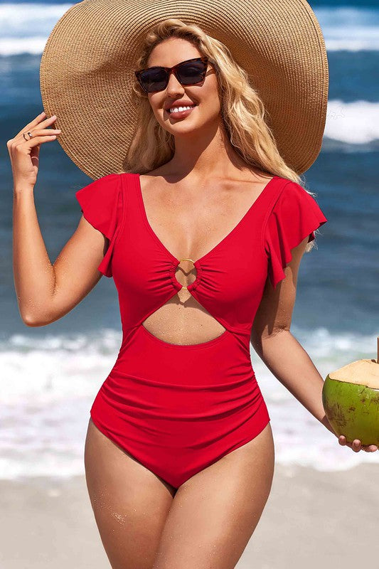 Ruffle O-Ring Cutout One Piece Bathing Suit - Faylinn & Co