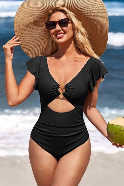 Ruffle O-Ring Cutout One Piece Bathing Suit - Faylinn & Co