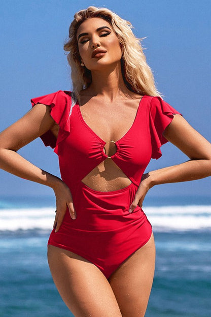 Ruffle O-Ring Cutout One Piece Bathing Suit - Faylinn & Co