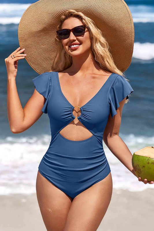 Ruffle O-Ring Cutout One Piece Bathing Suit - Faylinn & Co
