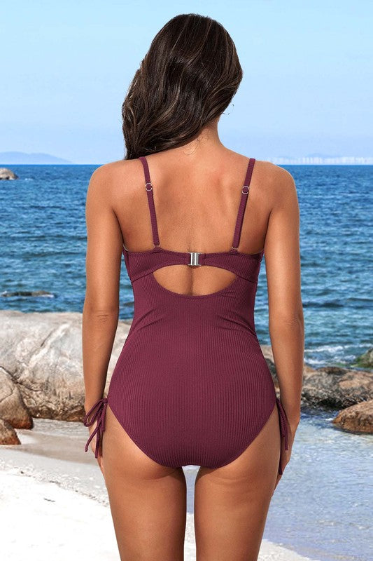 Ribbed Tie Side High Cut Twist Front Bathing Suit - Faylinn & Co