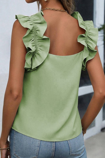 Solid Ruffle Trim Sleeveless Blouse - Faylinn & Co