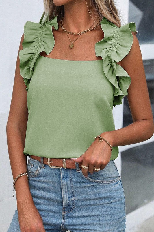Solid Ruffle Trim Sleeveless Blouse - Faylinn & Co