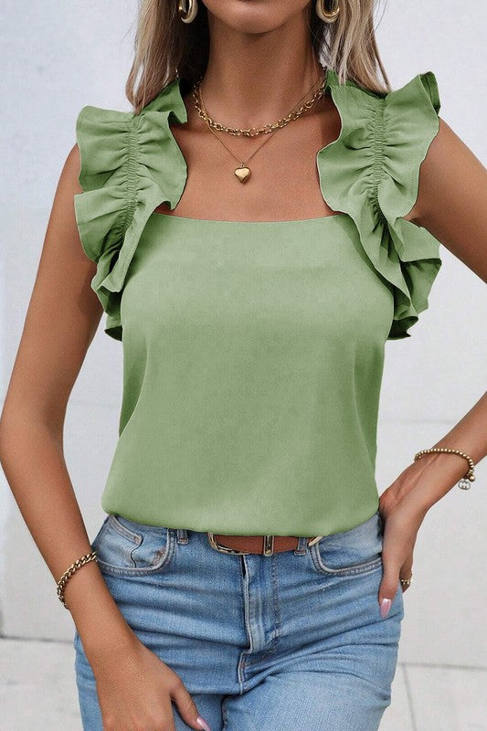 Solid Ruffle Trim Sleeveless Blouse - Faylinn & Co