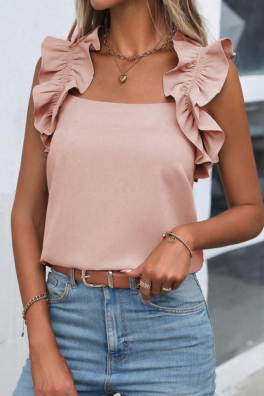 Solid Ruffle Trim Sleeveless Blouse - Faylinn & Co