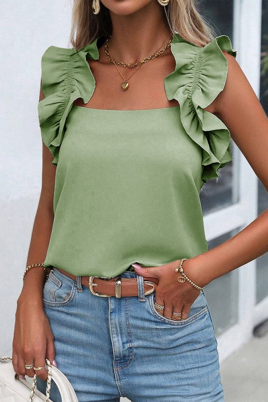 Solid Ruffle Trim Sleeveless Blouse - Faylinn & Co