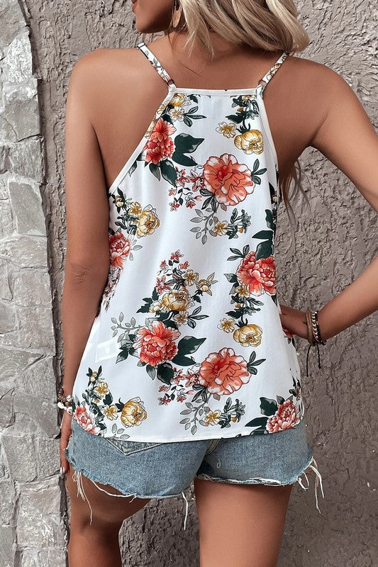 Floral Print Lace V Neck Tank Top - Faylinn & Co