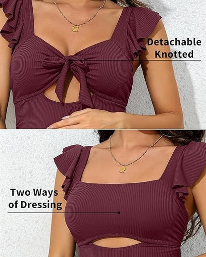 Ribbed Tie Knot Cutout Ruched Maternity Swimsuit - Faylinn & Co
