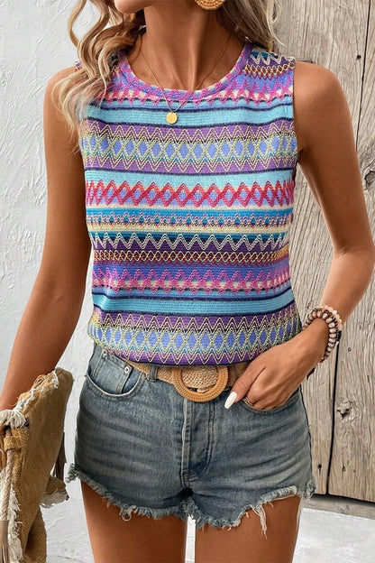 Ethnic Wavy Pattern Round Neck Sleeveless Top - Faylinn & Co