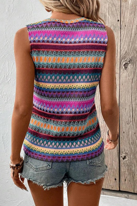Ethnic Wavy Pattern Round Neck Sleeveless Top - Faylinn & Co