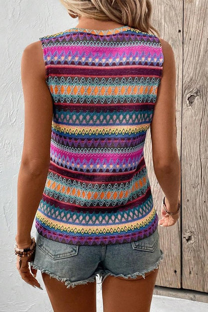 Ethnic Wavy Pattern Round Neck Sleeveless Top - Faylinn & Co