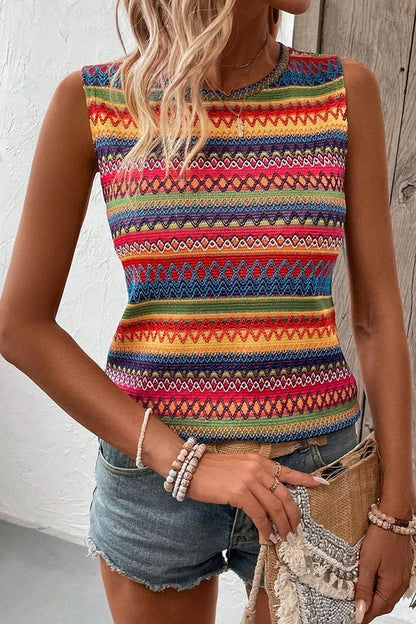 Ethnic Wavy Pattern Round Neck Sleeveless Top - Faylinn & Co