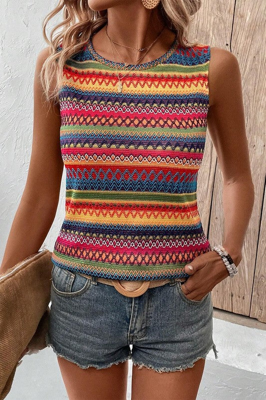 Ethnic Wavy Pattern Round Neck Sleeveless Top - Faylinn & Co
