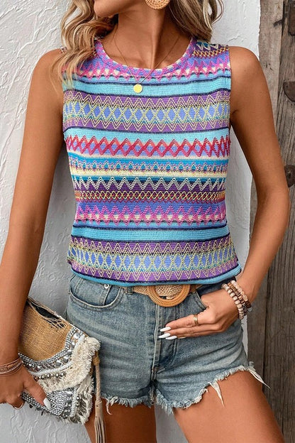 Ethnic Wavy Pattern Round Neck Sleeveless Top - Faylinn & Co