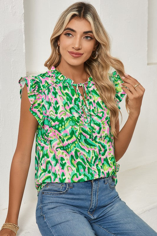 Abstract Ruffled Trim Tied Split Neck Tank Top - Faylinn & Co
